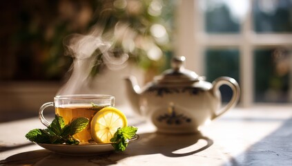 Inviting Steaming Herbal Tea with Lemon  Mint, Next to a Decorative Teapot Bathed in Warm Sunlight.