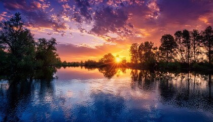 Vibrant Sunset Over Tranquil Water With Trees And Dramatic Sky