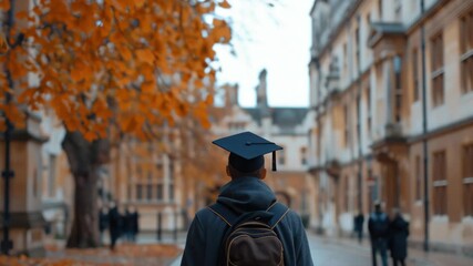 A person wearing a graduation cap and gown walks along a tree-lined street during autumn, with orange leaves scattered around.