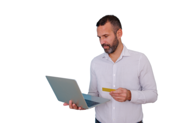 Man holding a laptop and credit card, making an online purchase. Digital payment concept with transparent background