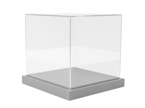 A clear glass display case with a white base