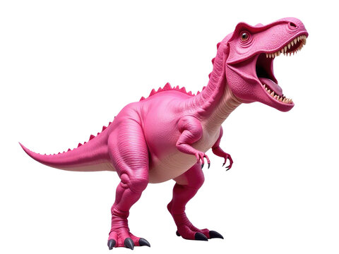 A small pink plastic dinosaur with its mouth open ready for action