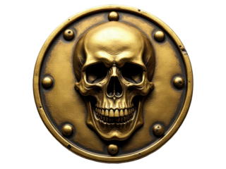 A gold-plated skull rests on a metal plate secured by rivets, offering a unique and striking image