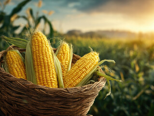 fresh corncob in a wooden basket at organic corn field or maize field at agriculture farm in the morning sunrise	