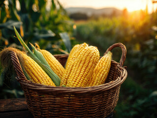 fresh corncob in a wooden basket at organic corn field or maize field at agriculture farm in the morning sunrise	
