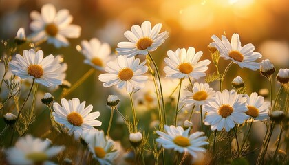 Close Up Of White Wildflowers With Yellow Centers Bathed In Warm Sunlight
