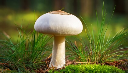 Agaricus Xanthodermus Close Up Of A White Mushroom Growing In The Forest With Green Grass