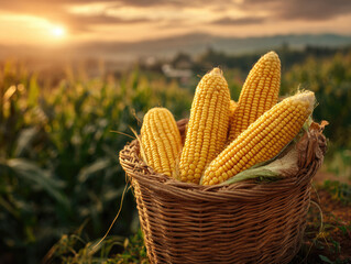 fresh corncob in a wooden basket at organic corn field or maize field at agriculture farm in the morning sunrise	