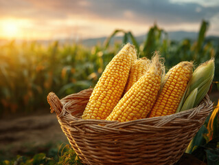 fresh corncob in a wooden basket at organic corn field or maize field at agriculture farm in the morning sunrise	