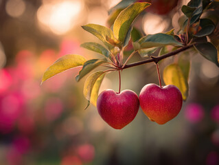 romantic red Valentine background of fresh and healthy red Sekai Ichi japanese apples fruit with green leaves background plantation garden farm.	