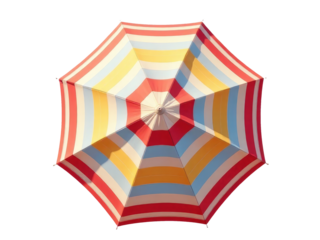 A colorful umbrella is open on a bright and sunny day, ideal for outdoor events or promoting happy weather