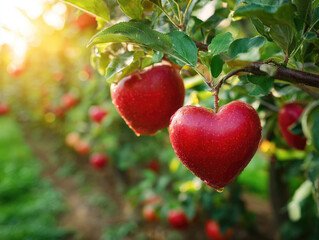 romantic red Valentine background of fresh and healthy red Sekai Ichi japanese apples fruit with green leaves background plantation garden farm.	