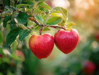 romantic red Valentine background of fresh and healthy red Sekai Ichi japanese apples fruit with green leaves background plantation garden farm.	