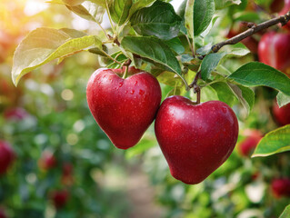 romantic red Valentine background of fresh and healthy red Sekai Ichi japanese apples fruit with green leaves background plantation garden farm.	