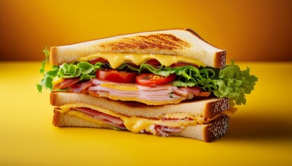 Closeup Of A Fresh And Appetizing Club Sandwich Featuring Layers Of Bread Lettuce Tomato Bacon And Cheese Against A Vibrant Yellow Backdrop