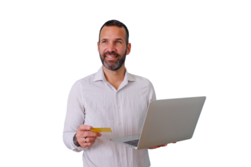 Happy bearded man on transparent background holding a golden credit card and laptop, purchasing online, e-commerce