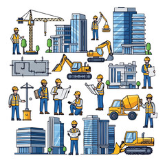 Construction workers building city skyscrapers.