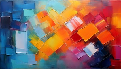 Abstract Colorful Background Painted With Oil On Canvas With Textured Brushstrokes And Square Shapes
