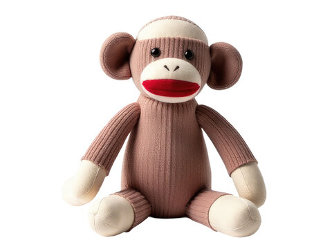 A lone sock monkey sitting on a white background, great for illustrations and designs