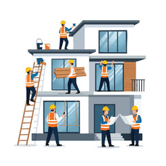 Construction Workers Building Modern House.