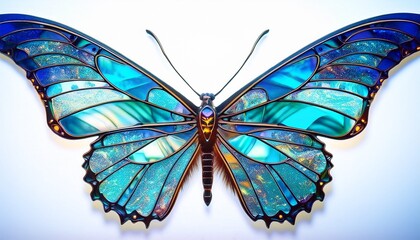 Frosted Azure Crystal Butterfly Handcrafted Stained Glass Art