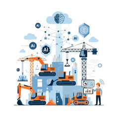 AI Construction Site with Robots and Machinery.