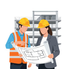 Construction Workers Reviewing Blueprint at Building Site.