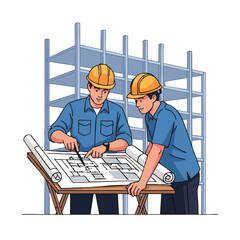 Construction Workers Reviewing Blueprints at Building Site.