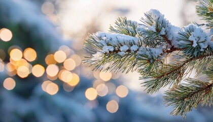 Snowy Pine Branch With Bokeh Lights Christmas Winter