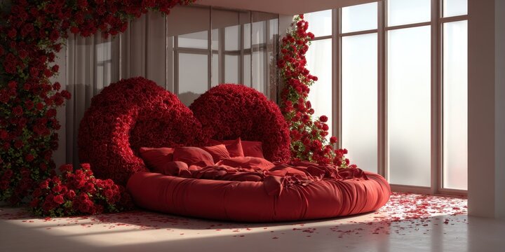 Romantic red rose bed with heart shaped floral backdrop and luxurious satin bed in sunlit room