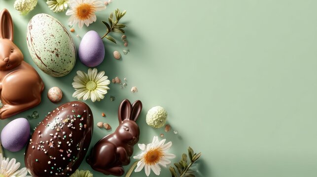 Easter chocolates, eggs and flowers arranged on a pastel green background - Powered by Adobe