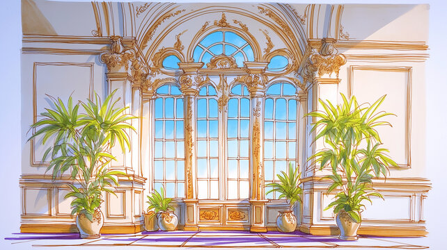 壮麗なルネサンス建築の空間デザインイラスト｜インテリア背景素材としても使える荘厳な西洋建築構造｜アニメ・漫画・歴史風資料に最適