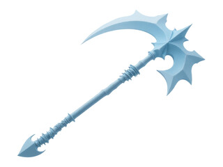 A close-up shot of a blue sword with a pointed blade sitting on a clean white background