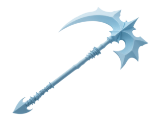 A close-up shot of a blue sword with a pointed blade sitting on a clean white background