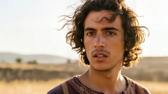 Biblical Joseph, the beloved son of Jacob, wearing the Coat of Many Colors. Young shepherd in the field, Book of Genesis concept generative ai video