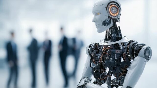 Futuristic humanoid robot with exposed mechanical components stands in a modern office environment. Advanced artificial intelligence technology meets business innovation and digital transformation