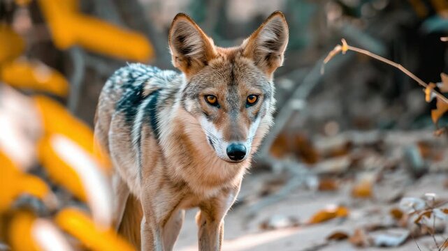 A striking of a wild wolf standing tall on a dirt path with vibrant autumnal leaves. Its intense gaze meets the camera lens, capturing its raw beauty and power.