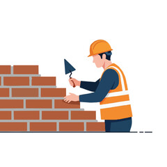 Bricklayer building wall with trowel and safety gear.
