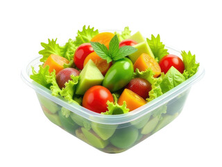 Fresh greens and juicy tomatoes in a plastic container, ready for a quick meal or snack