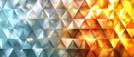 Obraz premium A visually striking abstract background featuring a gradient of metallic triangular patterns, transitioning from cool blue tones to warm orange hues, creating a dynamic and vibrant effect.