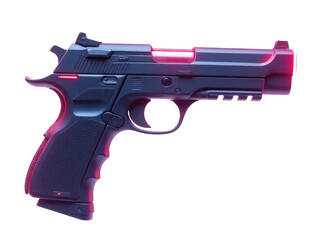 A handgun with a red laser sighting device activated