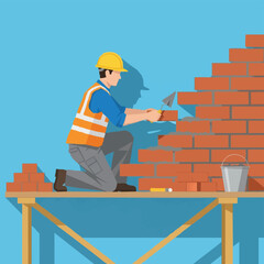 Construction Worker Building Brick Wall on Scaffolding.