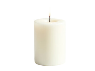 A single white candle burning brightly on a plain white background