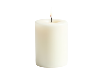 A single white candle burning brightly on a plain white background