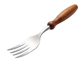 A close-up of a fork with a wooden handle on a white background, suitable for food photography or as an isolated prop