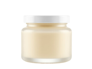 A jar of creamy substance on a clean white surface