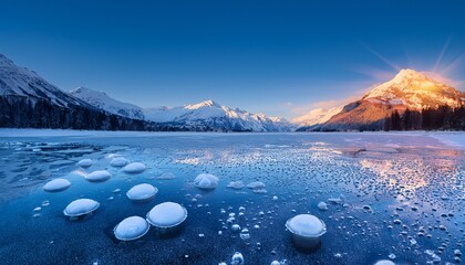 Stunning Winter Landscape Of Frozen Lake With Trapped Ice Bubbles And Snowy Mountains At Sunrise