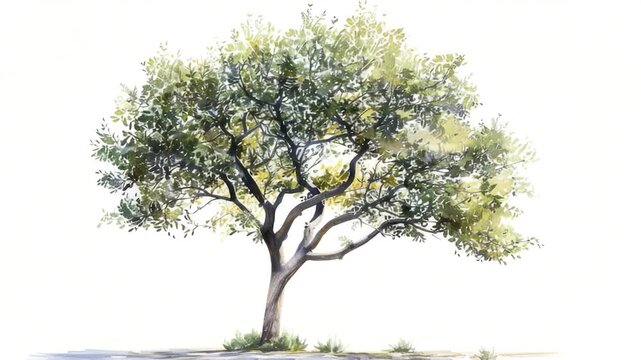 Video A watercolor painting of a single tree standing in an open field, surrounded by nature