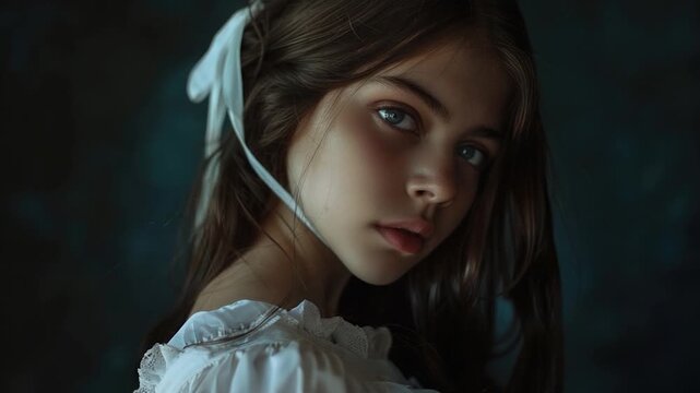 Video A young girl dressed in a white dress and hat, perfect for innocence or purity connotations