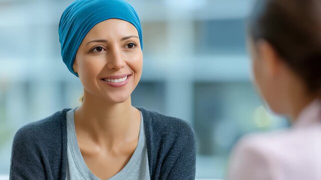Confident young woman with a blue headscarf smiles warmly during a supportive conversation in a bright, modern setting. Hope and resilience are evident in her expression